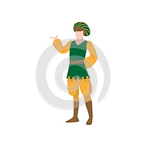 Medieval royal castle man in green vest and yellow clothes