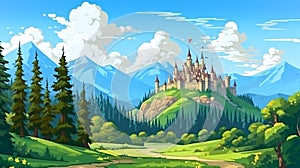 Medieval royal castle surrounded by forest with trees and rocky mountains. Pathway to dream kingdom house.