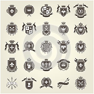 Medieval royal coat of arms, knight emblems, heraldic shield crest and blazons set