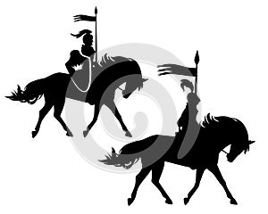 Medieval royal knight riding horse side view black vector silhouette