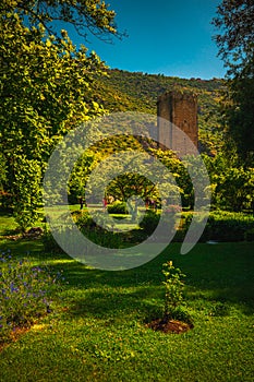 Medieval ruins in an enchanted garden, Giardini di Ninfa, Latina, Rome