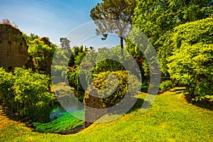 Medieval ruins in an enchanted garden, Giardini di Ninfa, Latina, Rome