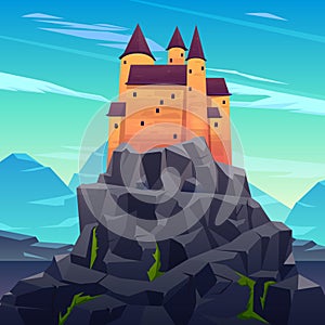 Medieval ruler castle in mountains cartoon vector
