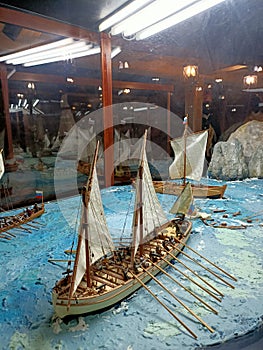 Medieval sail ship Goto Predestinacia in the river bank. Interior. Canons. Exterior.