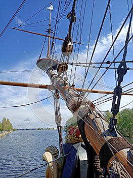 Medieval sail ship Goto Predestinacia in the river bank. Interior. Canons. Exterior.