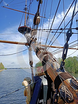 Medieval sail ship Goto Predestinacia in the river bank. Interior. Canons. Exterior.