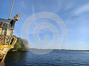 Medieval sail ship Goto Predestinacia in the river bank. Interior. Canons. Exterior.