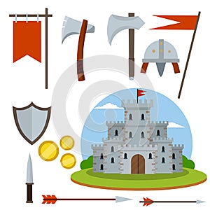 Medieval set of item. Cartoon flat illustration. Old armor and knight weapons