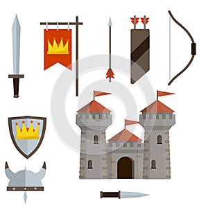 Medieval set of item. Historical subject. Cartoon flat illustration. Old armor and knight weapons