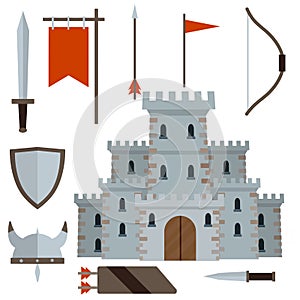 Medieval set of item. Historical subject. Cartoon flat illustration. Old armor and knight weapons