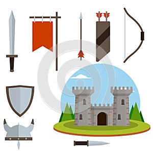 Medieval set of item. Historical subject. Cartoon flat illustration. Old armor and knight weapons