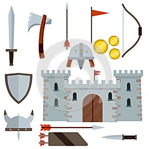 Medieval set of item. Old armor and knight weapons