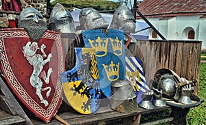 Medieval shields and helmets