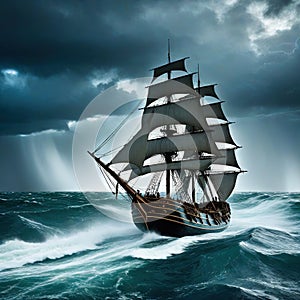 medieval ship is caught in storm in