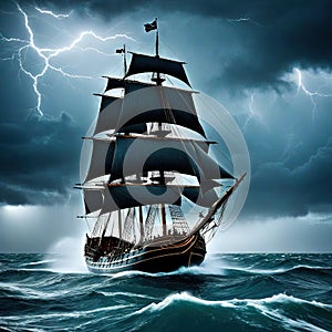 medieval ship is caught in storm in