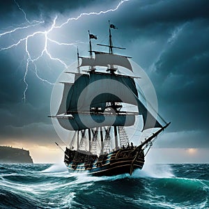 medieval ship is caught in storm in