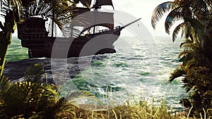 Medieval ship sails past the tropical island. The concept of sea adventures in the Middle ages. 3D rendering
