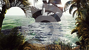 Medieval ship sails past the tropical island. The concept of sea adventures in the Middle ages. 3D rendering