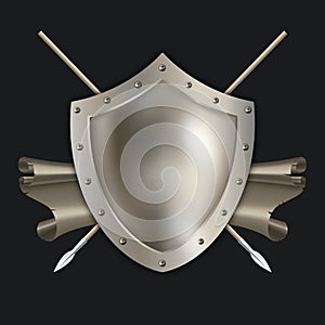 Medieval silver shield with spears and scroll.