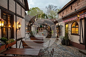 Medieval small half-timbered shops in Nuremberg, Germany