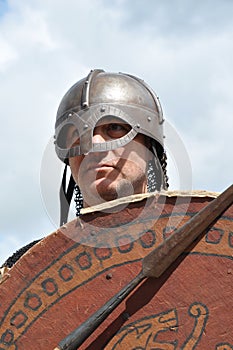 Medieval soldier of the vikings with helemt and