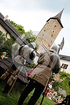 Medieval soldiers standing at castle Rostejn, Czech Republic