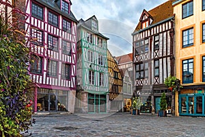 Medieval square with typical houses in old town of Rouen, Normandy, France