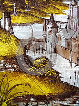 Medieval stained glass window Landscape