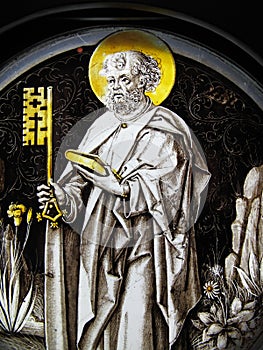 Medieval stained glass window of St Peter