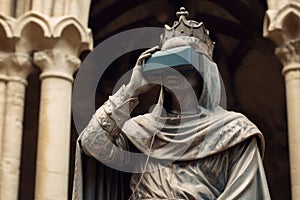 medieval statue wearing a virtual reality helmet. blend of past and future