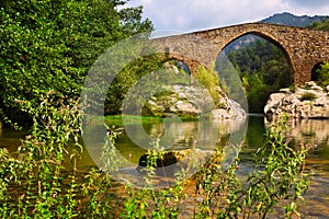 Medieval stone bridge over Llobregat river in Pyrenees