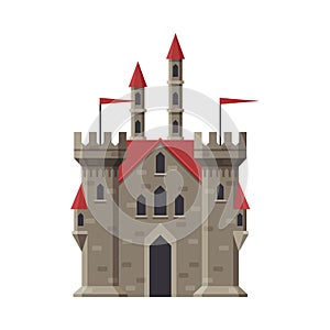 Medieval Stone Castle, Fairytale Fortress with Red Towers, Old Fortified Palace Vector Illustration