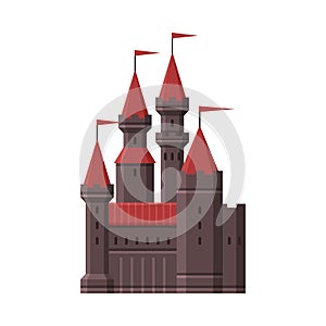 Medieval Stone Castle, Fairytale Fortress with Towers, Ancient Fortified Palace Exterior Vector Illustration