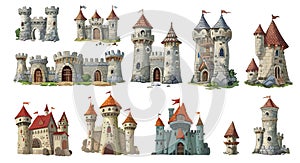 Medieval stone castles and towers. Cartoon castle, old tower with stones and grass. Kingdom houses for king and queen
