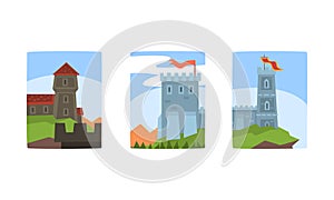 Medieval Stone Castles and Towers with Flags Collection, Ancient Buildings on Summer Nature Landscape Vector