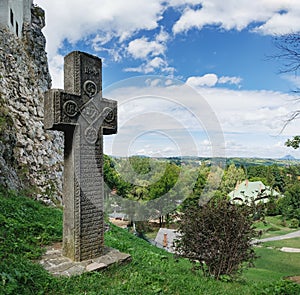 Medieval stone cross in Bran Castle, Romania