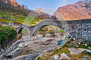 The medieval stone double arched Salt Bridge, Lavertezzo, Valle Verzasca, Switzerland