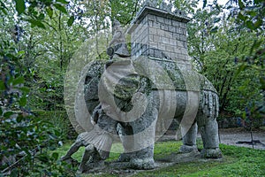 Medieval stone figures in a monster park in Bomarzo in Lazio, Italy