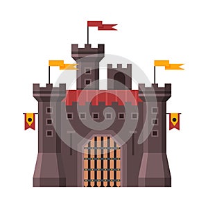 Medieval Stone Fortress, Fairytale Castle, Ancient Fortified Palace Exterior Vector Illustration