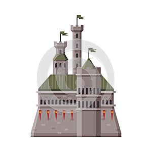 Medieval Stone Fortress with Flags, Ancient Fortified Palace Exterior Vector Illustration