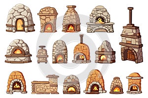 Medieval stone ovens for warming home and cooking. Oven with fire place, warm supplies living house at winter. Isolated