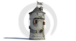 Medieval Stone Tower with Flag Isolated on White Background, Detailed