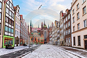 Medieval street of Gdansk near the St Mary`s Church, Poland, no people