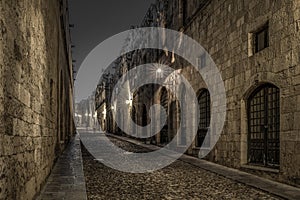 Medieval Street of the Knights called Ippoton with cobblestone road in Old town of Rhodes city in Rhodes island, Greece