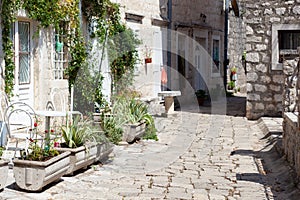 Medieval street in the old city of Perast in Boka Kotor Bay, Montenegro