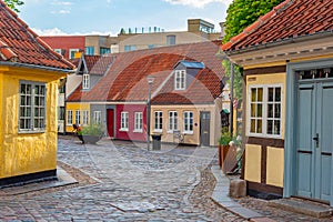 Medieval street in the old town of Odense, Denmark