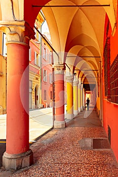 Medieval street portico in Bologna, Italy