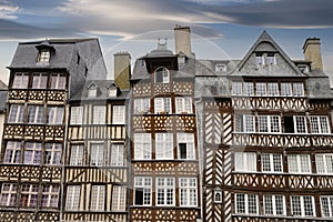 Medieval street with typical half-timbered houses.