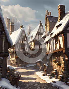 medieval street in winter with ancient houses covered in snow