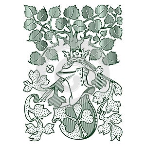 Medieval style design. Warrior in knight's armor in a crown with a heraldic shield and an Ash Tree drawn in vintage